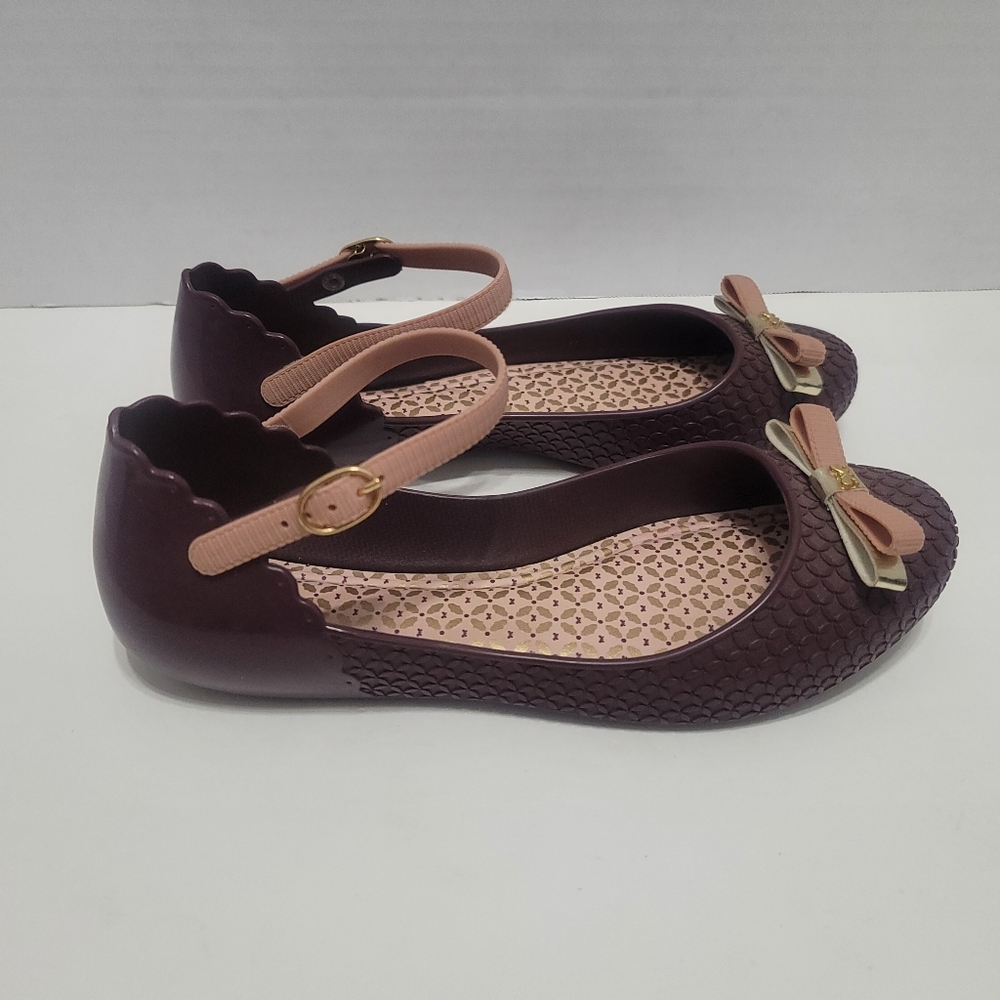 Zaxy Plum Colored Mary Jane Jelly Flats With Gold/light Pink Bows Sz7 - Picture 3 of 12